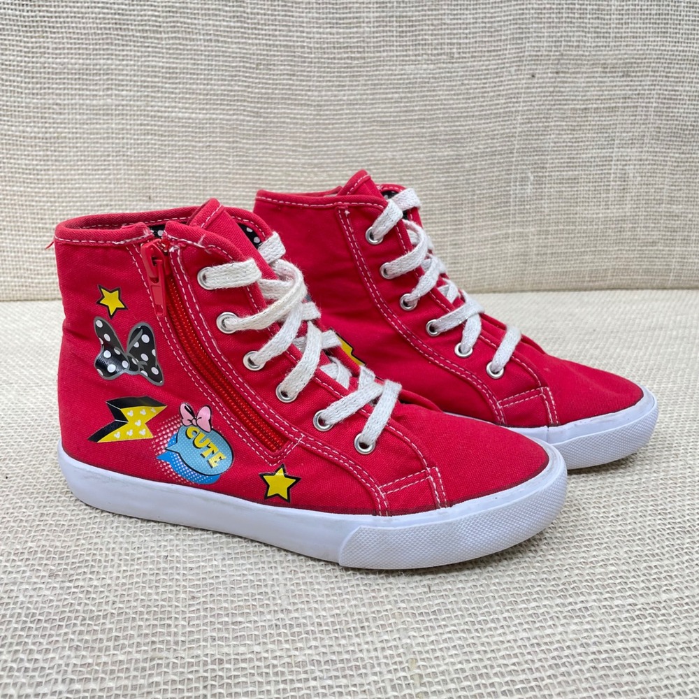 Disney Minnie Mouse Red High Top Sneakers Zip‎ Side Youth Size 1.5
